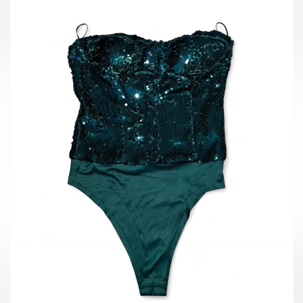 Zara Emerald Sequin Strapless Bodysuit Size M